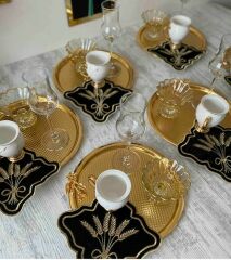 YUVARLAK GOLD KAPLAMA 6 Lİ GOLD JAPON GÜLLÜ SUNUM TEPSİSİ