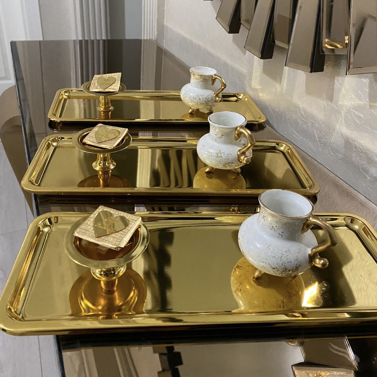 3-PIECE GOLD PLATED RECTANGULAR MODEL TEA COFFEE TRAY LUXURY