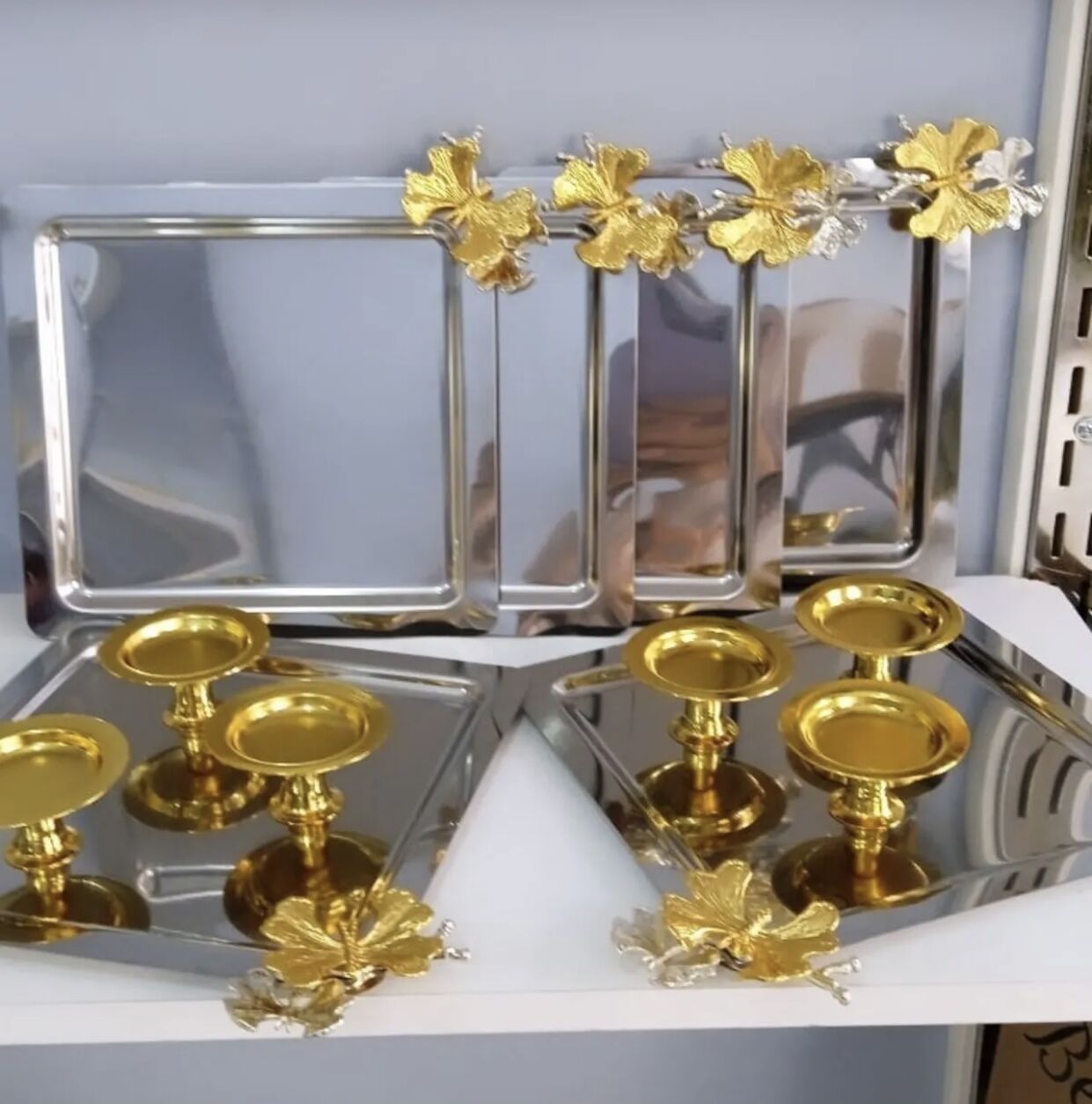 2 MODEL STEEL SQUARE TRAY AND GOLD MACARON HOLDER