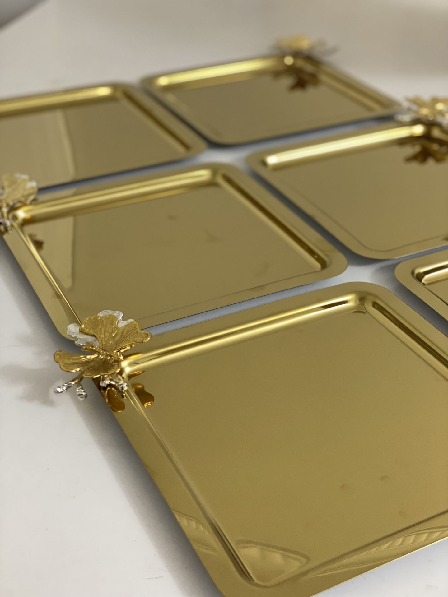 6 PIECE GOLD STEEL SQUARE SERVING AND PRESENTATION TRAY WITH BUTTERFLY