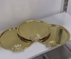 3 LÜ GOLD KAPLAMA YUVARLAK SUNUM TEPSİSİ KELEBEK AKSESUARLI