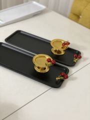 BLACK RECTANGULAR PRESENTATION TRAY AND GOLD MACARON HOLDER WITH CHERRY ACCESSORIES