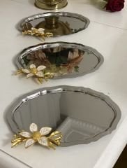 20*25 CM ÇELİK OVAL 3 ADET SERVİS VE SUNUM TEPSİSİ BÜYÜK ÇİÇEKLİ