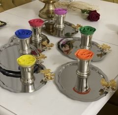 ÇELİK OVAL 20*25 CM MODEL SUNUM TEPSİSİ VE RENKLİ GÜLLÜ GÜMÜŞ GÜL KOVASI