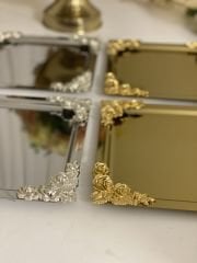 GOLD VE GÜMÜŞ KARE 4 LÜ DÖRT KENAR GÜL AKSESUARLI SUNUM TEPSİSİ