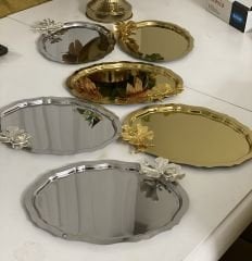 20*25 CM GOLD VE GÜMÜŞ OVAL 6 ADET SUNUM TEPSİSİ KELEBEK AKSESUARLI