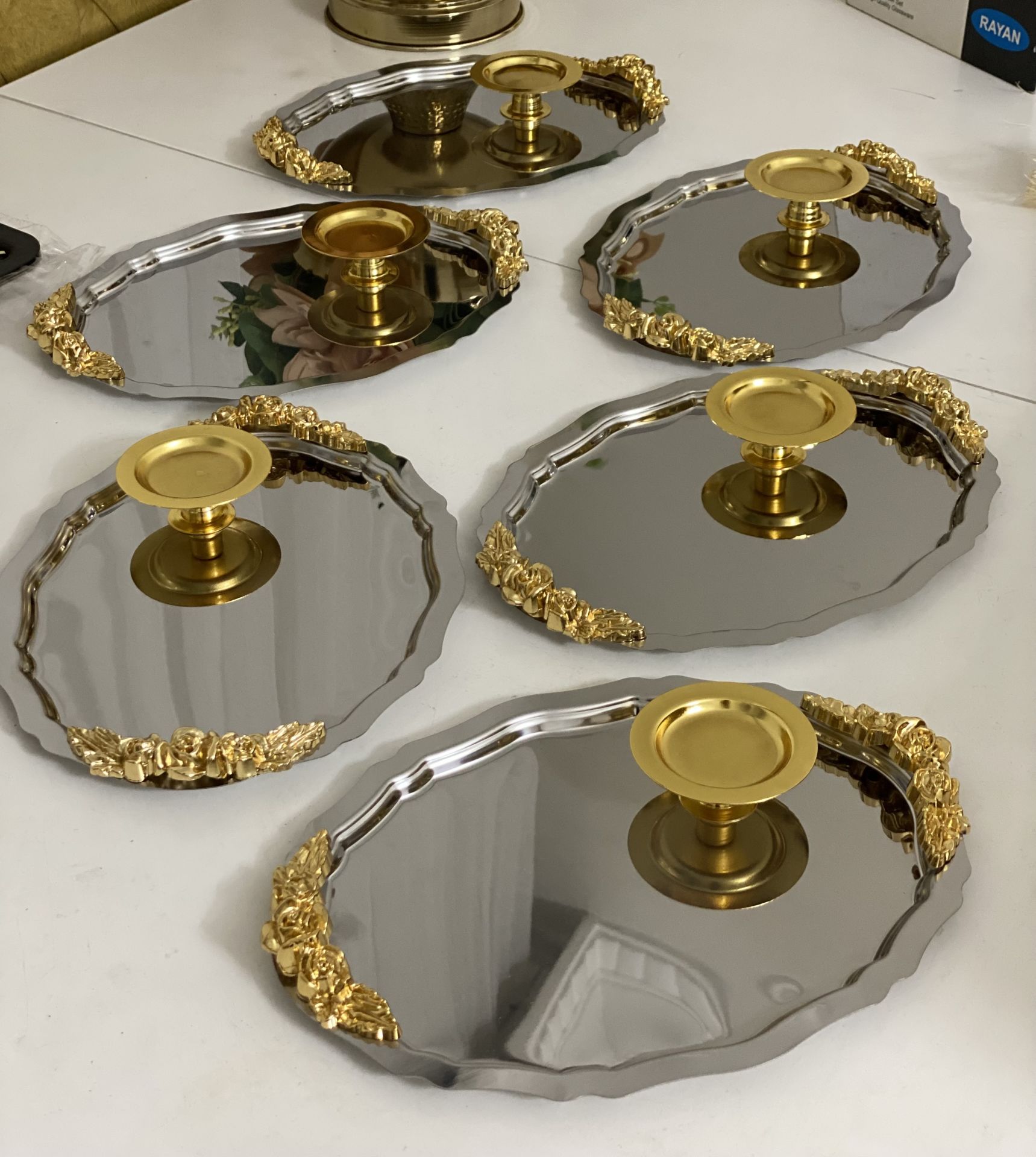 2 MODELS STEEL OVAL HANDLED 25 CM TRAY AND GOLD MACARON HOLDER SET OF 6