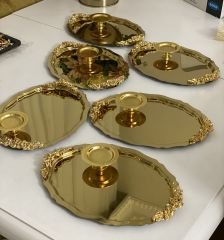 2 MODELS 25 CM GOLD OVAL HANDLED TRAY AND GOLD MACARON HOLDER SET OF 6