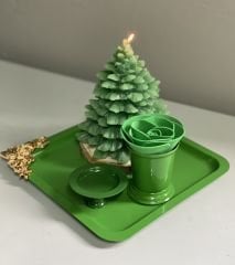 DEKORATİF TEPSİLİ ÇAM AĞACI KOKULU MUM GÜL KOVASI VE MAKARONLUK