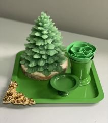 DEKORATİF TEPSİLİ ÇAM AĞACI KOKULU MUM GÜL KOVASI VE MAKARONLUK