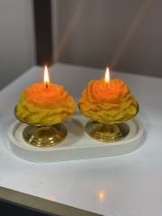 BEYAZ TABANLI GOLD RENK MAKARONLUKTA SARI GÜL MUM 2 Lİ