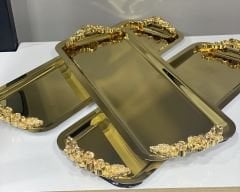 GOLD DİKDÖRTGEN 3 ADET KULPLU MODEL SERVİS VE SUNUM TEPSİSİ