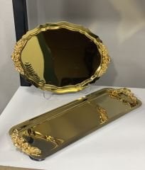 GOLD COATED OVAL AND RECTANGULAR HANDLED MODEL SERVING AND PRESENTATION TRAY