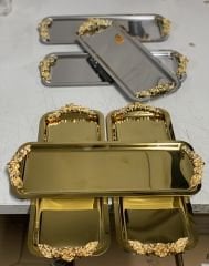 ÇELİK DİKDÖRTGEN 3 ADET GOLD 3 ADET GÜMÜŞ KULPLU SERVİS VE SUNUM TEPSİSİ
