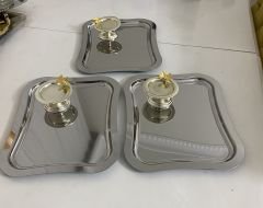 2 MODEL 3 LÜ ÇELİK SERVİS TEPSİSİ VE GÜMÜŞ KELEBEKLİ MAKARONLUK 26 CM